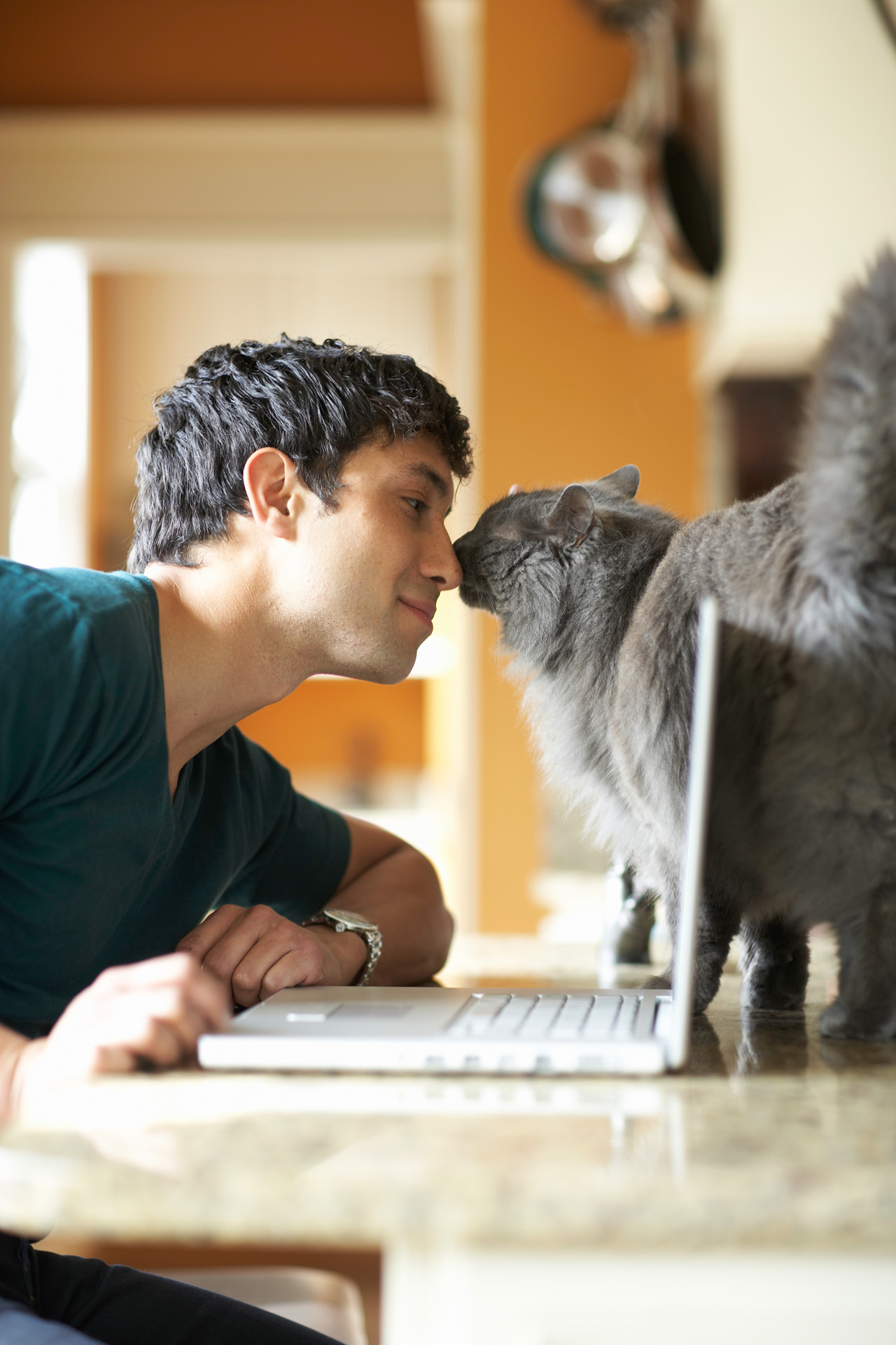 Young man with laptop and cat nose to nose